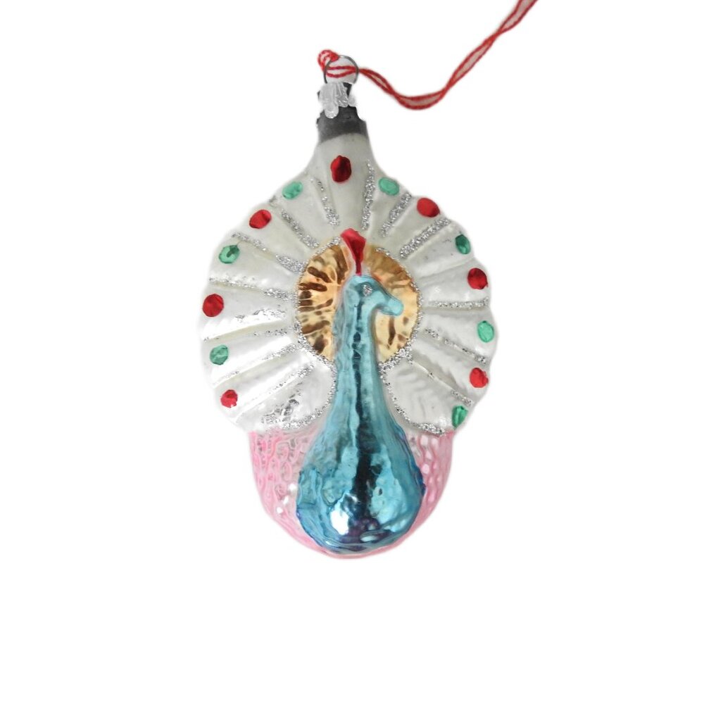 Vintage Mercury Glass Christmas Ornament Peacock Bird Poland Pink Blue White